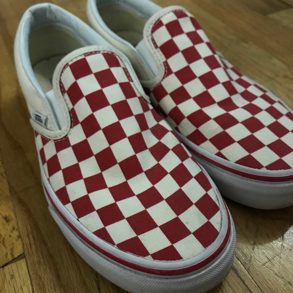 red checkerboard slip on vans